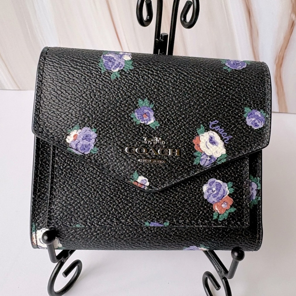 Coach Navy Floral Trifold Wallet